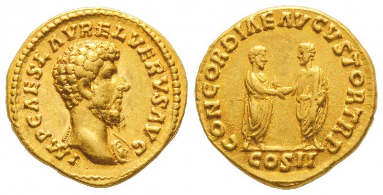 Lvcius Verus co-empereur 161-169 après J.-C.
Aureus, Rome, 161, AU 7.31 g.
Ave...