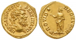 Pertinax 193 après J.C.
Aureus, Rome, 193, AU 7.36 g.
Avers : IMP CAES P HELV PERTIN AVG. Tête de l'empereur à droite.
Revers : PROVID DEOR COS II....