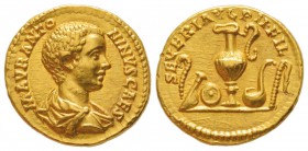 Caracalla 211-217
Aureus, Rome, 196, AU 7.35 g.
Avers : M AVR ANTONINVS CAES. Buste drapé de Caracalla à droite.
Revers : SEVERI AVG P II FIL. Litu...