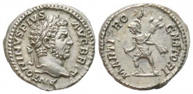 Caracalla 211-217
Denarius, Rome, 213, AG 3.43 g.
Avers : ANTONINVS PIVS AVG BRIT Tête laurée de Caracalla à droite.
Revers : MARTI PROPVGNATORI Ma...