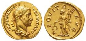 Severus Alexander 222-235
Aureus, Rome, 226, AU 6.29 g.
Avers : IMP C M AVR SEV ALEXAND AVG  Buste lauré et drapé à droite.
Revers : AEQVITAS AVG e...