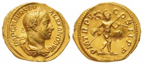 Severus Alexander 222-235
Aureus, Rome, 226, AU 6.48 g.
Avers : IMP C M AVR SEV ALEXAND AVG  Buste lauré et drapé à droite.
Revers : P M TR P V COS...