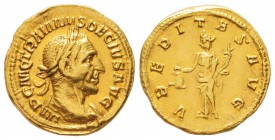 Traianvs Decivs 249-251
Aureus, Rome, 249-251, AU 4.38 g.
Avers : IMP C M Q TRAIANVS DECIVS AVG Buste lauré et cuirassé de Traianus Decius à droite....