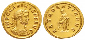 Carinus 284-285
Aureus, Siscia, 284, AU 4.29 g.
Avers : IMP C CARINVS P F AVG Buste lauré et cuirassé à droite.
Revers : ABVNDANTIA AVG Abundantia ...