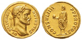 Diocletianus 284-305
Aureus, Antioche ou Cyzique, 290-292, AU 5.4 g.
Avers : DIOCLETIANVS AVGVSTVS Tête laurée de Dioclétien à droite.
Revers : CON...