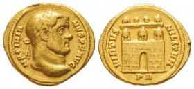 Maximianus Hercules 286-310
Aureus, Rome, 298-299, AU 5.76 g.
Avers : MAXIMIANVS P F AVG Tête laurée de Maximien à droite.
Revers : VIRTVS MILITVM ...