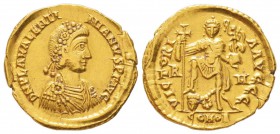 Valentinianus 425-455
Solidus, Rome, 425-426, AU 4.47 g.
Avers : D N PLA VALENTINIANVS P F AVG Buste de Valentinianus à droite.
Revers : VICTORI A ...