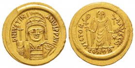 Iustinianus 527-565
Solidus, Ravenne, 542-565, AU 4.45 g. 
Avers : D N IVSTINIANVS P P AVC Tête de Iustinianus I
Revers : VICTORIA AVCCC S, à l'exe...