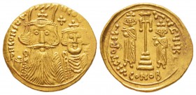 Constans II 641-668
Solidus, Syracuse, 641-668, AU 4.4 g. 
Avers : Bustes couronnés, drapés et cuirassés de face Constant II et du jeune Constantin ...