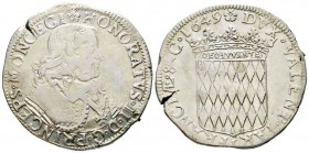 Monaco, Honoré II 1604-1662
Écu de 3 Livres ou 60 Sols, 1649, AG 26.69 g. 
Avers : Rose HONORATVS II D G PRINCEPS MONOECI  Buste drapé et cuirassé à...