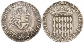 Monaco, Honoré II 1604-1662
Écu de 3 Livres ou 60 Sols, 1650, AG 25.23 g. 
Avers : Rose HONORATVS II D G PRINCEPS MONOECI  Buste drapé et cuirassé à...