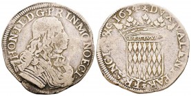 Monaco, Honoré II 1604-1662
Écu de 3 Livres ou 60 Sols, 1654, AG  26.41 g. 
Avers : HON II D G PRIN MONOECI Buste drapé et cuirassé à droite.
Rever...
