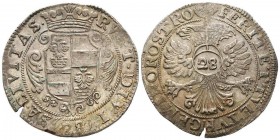 Monaco, Honoré II 1604-1662
Izelotte de 28 sols, ND 1657, AG 19.08 g.
Avers :  . RUET. DIVI (28) SA . CIVITAS . (Une cité divisée s'écroulera) Ecu c...