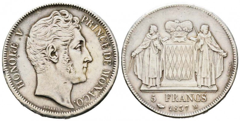 Monaco, Honoré V 1819-1841
5 Francs, 1837 M , AG 24.97 g. Tranche **** DEO JUVA...