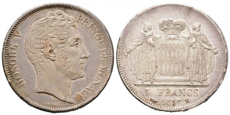 Monaco, Honoré V 1819-1841
5 Francs, 1837 M , AG 24.97 g. Tranche *** D*EO JUVA...