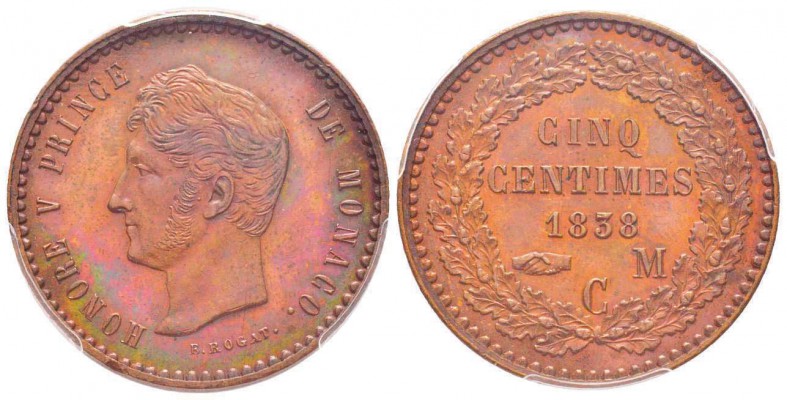 Monaco, Honoré V 1819-1841
Essai de 5 Centimes en bronze, 1838 MC , AE 9 g. 
C...