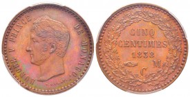 Monaco, Honoré V 1819-1841
Essai de 5 Centimes en bronze, 1838 MC , AE 9 g. 
Concours Monétaire entre Borrel et Rogat, tranche lisse. 
Ref : G. MC1...
