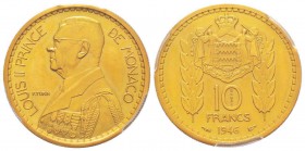 Monaco, Louis II 1922-1949
10 Francs Essai, 1946, AU, 13.5 g. 
Ref : G. MC136
Conservation : PCGS SP61
Quantité: 180 exemplaires. Rare