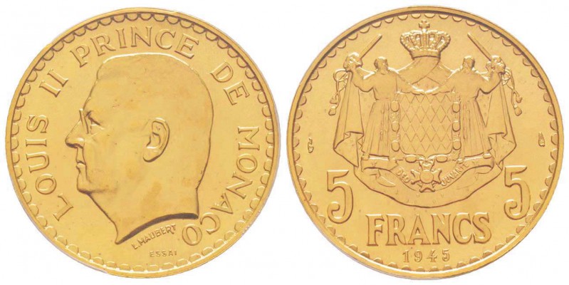 Monaco, Louis II 1922-1949
5 Francs Essai 1945, AU 23.5 g. 
Ref : G. MC135
Co...