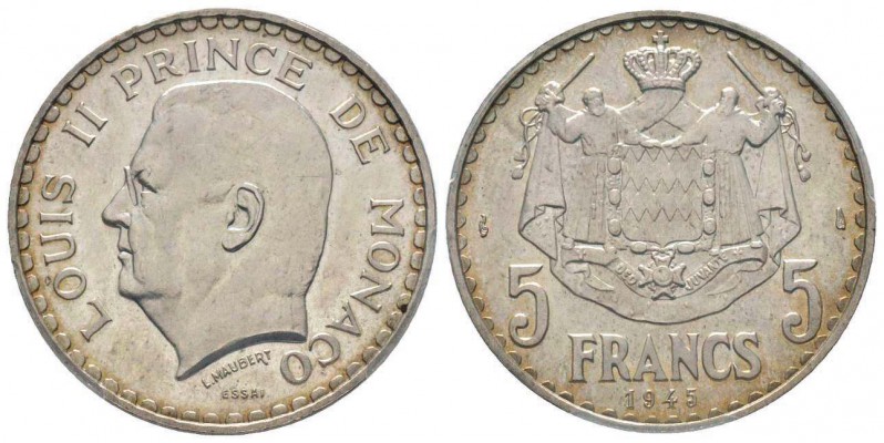 Monaco, Louis II 1922-1949
5 Francs Essai, 1945, AG 14.7 g. Tranche lisse
Ref ...