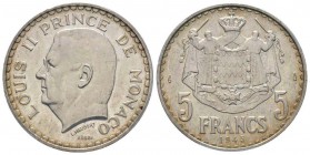 Monaco, Louis II 1922-1949
5 Francs Essai, 1945, AG 14.7 g. Tranche lisse
Ref : G. MC135
Conservation : PCGS SP64
Quantité: 200 exemplaires. Rare