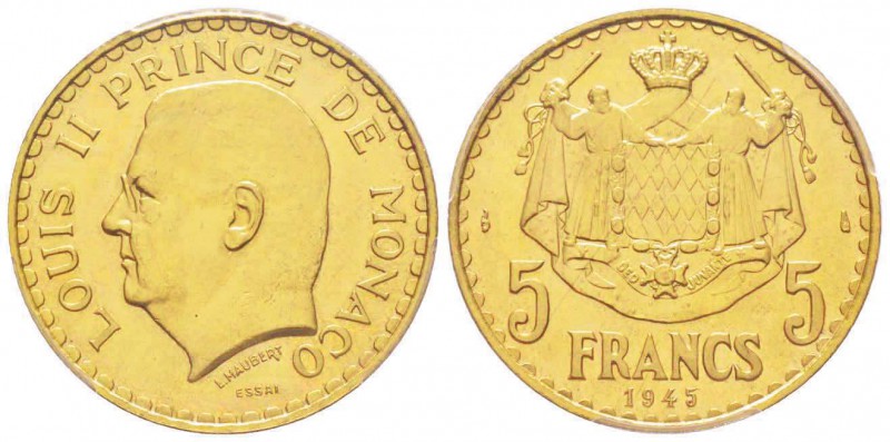 Monaco, Louis II 1922-1949
5 Francs Essai, 1945, Cu-Al 11.3 g. Tranche lisse
R...