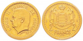 Monaco, Louis II 1922-1949
2 Francs Essai or, sans date (1943), AU 16 g. Tranche lisse
Ref : G. MC133
Conservation : PCGS SP65
Quantité: 100 exemp...