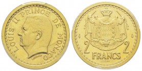 Monaco, Louis II 1922-1949
2 Francs Essai, sans date (1943), Cu-Al 8 g. Tranche lisse
Ref : G. MC134
Conservation : PCGS SP66
Quantité: 300 exempl...