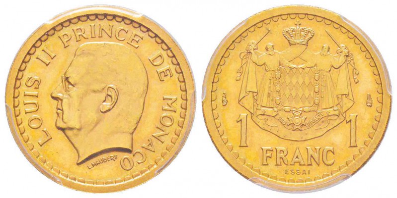 Monaco, Louis II 1922-1949
1 Franc Essai or, sans date (1943), AU 8 g. Tranche ...