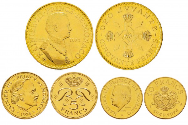 Monaco, Rainier 1949-2005
Coffret avec trois Essais or 50 Francs, 5 Francs et 1...