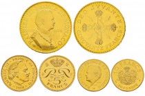 Monaco, Rainier 1949-2005
Coffret avec trois Essais or 50 Francs, 5 Francs et 10 Francs, 1974, AU 51.5 g. 19.6 g. 19.5 g.
Ref : G. MC162 - 153 -156...