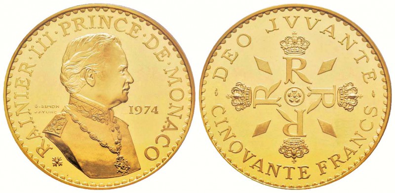 Monaco, Rainier 1949-2005
Piéfort de 50 Francs, 1974, AU 102.6 g.
Avers : RAIN...