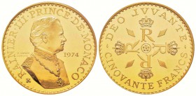 Monaco, Rainier 1949-2005
Piéfort de 50 Francs, 1974, AU 102.6 g.
Avers : RAINIER III PRINCE DE MONACO / 1974
Buste de Rainier de Monaco à droite s...