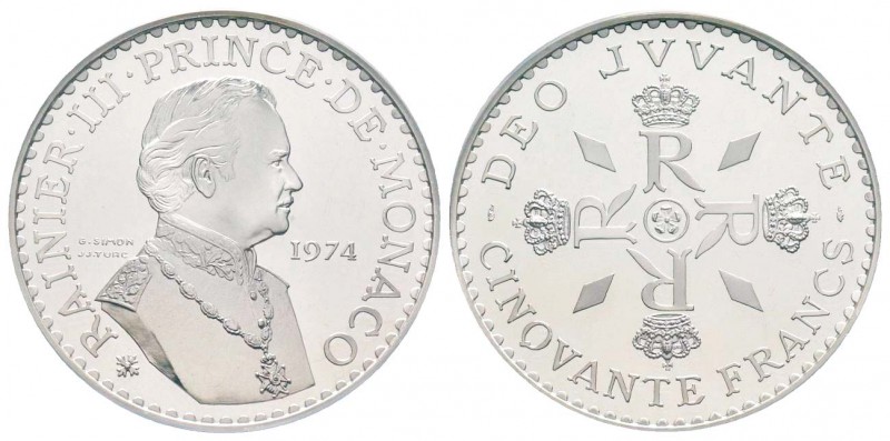 Monaco, Rainier 1949-2005
Piéfort de 50 Francs, 1974, AG 59.6 g.
Ref : G. MC16...