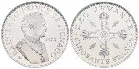 Monaco, Rainier 1949-2005
Piéfort de 50 Francs, 1974, AG 59.6 g.
Ref : G. MC162
Conservation : PCGS SP64 
Quantité : 250 exemplaires. Rare