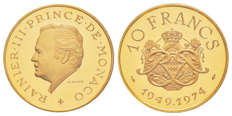Monaco, Rainier 1949-2005
Piéfort de 10 Francs, 1974, AU 38.8 g.
Avers : RAINI...