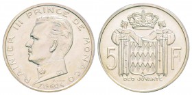Monaco, Rainier 1949-2005
Piéfort de 5 Francs, 1960, AG 24 g.
Ref : G. MC152
Conservation : PCGS SP67
Quantité : 25 exemplaires. Rarissime