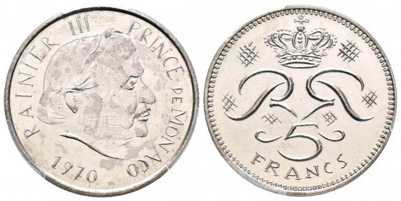 Monaco, Rainier 1949-2005
Prototype #2, 5 Francs, 1970, Nickel 10.19 g. 
Ref :...