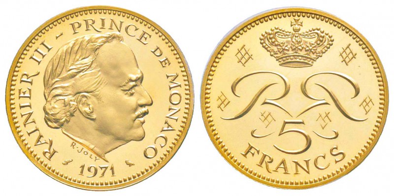 Monaco, Rainier 1949-2005
Piéfort de 5 Francs,  1971, AU 39.6 g.
Avers : RAINI...