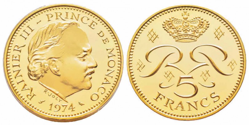 Monaco, Rainier 1949-2005
Piéfort de 5 Francs,  1974, AU 39.6 g.
Avers : RAINI...