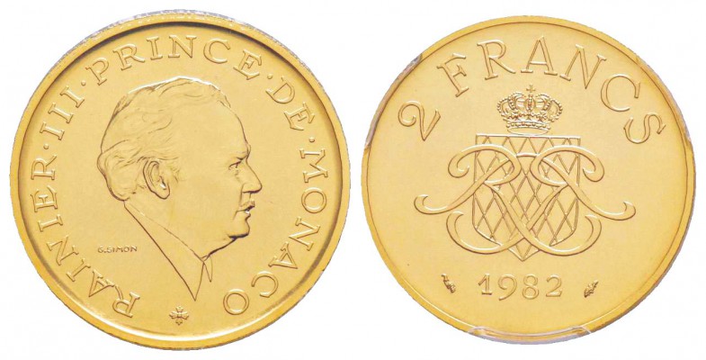 Monaco, Rainier 1949-2005
Piéfort de 2 Francs,  1982, AU 30.9 g.
Avers : RAINI...