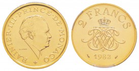 Monaco, Rainier 1949-2005
Piéfort de 2 Francs,  1982, AU 30.9 g.
Avers : RAINIER III PRINCE DE MONACO / 1974
Tête nue de Rainier de Monaco à droite...