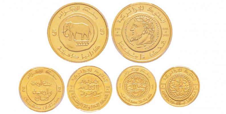 Algerie, République 1962-
5 Dinars, 2 Dinars, 1 dinar, AH 1411 (1991), AU 16.12...