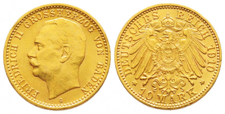 Allemagne, Friedrich II von Baden 1907-1928
10 Mark, Baden, 1910 G, AU 3.95 g....