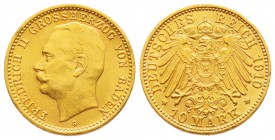 Allemagne, Friedrich II von Baden 1907-1928
10 Mark, Baden, 1910 G, AU 3.95 g.
Ref :  Fr.3761, KM#282
Conservation : FDC