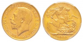 Australie, George V 1910-1936
Sovereign, Melbourne, 1923 M, AU 7.98 g. 917‰  
Ref :  Fr.39, KM#29,Spink 3999
Conservation : PCGS MS64
