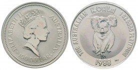 Australie, Elizabeth II 1952-
100 Dollars Koala, 1988, platine 31.19 g. frappe médaille
Ref : KM# 111
Conservation : PROOF