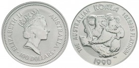 Australie, Elizabeth II 1952-
100 Dollars Koala, 1990, platine 31.19 g. frappe médaille
Ref : KM# 126
Conservation : PROOF