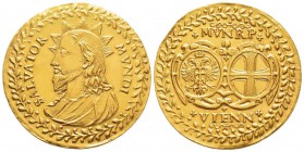 Autriche, Leopold I, 1657-1705
Médaille en or de 10 Ducats, Vienne, 1654, AU 34.44 g. 46.8 mm
Avers : SALVATOR MVNDI Buste du Christ nimbé à gauche...
