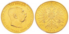 Autriche, Franz Joseph 1848-1916
100 Corona, 1913, AU 33.87 g. 
Ref : Fr.507, KM#2819 
Conservation : PCGS AU55 
Quantité: 2.696 exemplaires. Rare...